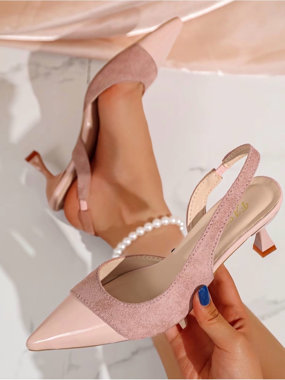 Elegant Pink Suede & Patent Slingback Kitten Heels